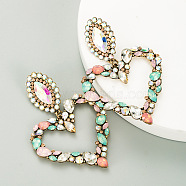 Rhinestone Heart Long Dangle Stud Earrings, Alloy Jewelry for Women, Peridot, 80x55mm(HEAR-PW0001-076A)