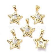 Brass Micro Pave Clear Cubic Zirconia Pendants, Long-Lasting Plated, Star, Real 18K Gold Plated, 19x17x4.5mm, Hole: 5x3mm(ZIRC-L100-122G)