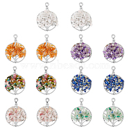 14Pcs 7 Styles Zinc Alloy European Dangle Charms, with Natural Mixed Stone Chip Beads, Flat Round with Tree of Life, Antique Silver, 54~54.5x38~39.5x4~6mm, Hole: 4~5mm, 2pcs/style(G-FH0001-82)