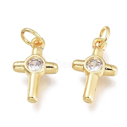 Brass Micro Pave Cubic Zirconia Tiny Cross Charms, with Jump Rings, Golden, Clear, 12.5x7.5x2.5mm, Hole: 1.5mm, Jump rings: 3.5x0.8mm(KK-M206-28G-04)