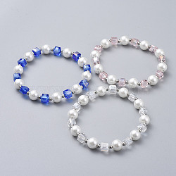 Glass Beads Stretch Bracelets, with Stainless Steel Beads, Round & Cube, Mixed Color, 2-1/8 inch(5.5cm)(BJEW-JB04757)