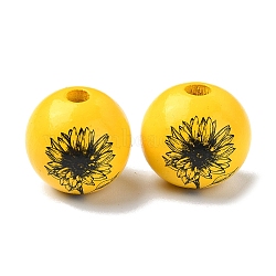 Wood Large Hole European Beads, Round with Flower, Gold, 20x18mm, Hole: 4.4mm(WOOD-D027-02)