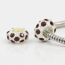 Alloy Rhinestone European Beads, Large Hole Beads, Rondelle, Silver Color Plated, Dark Red Coral, 11x6mm, Hole: 5mm(X-CPDL-H999-3)