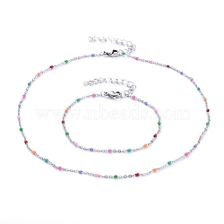 304 Stainless Steel Jewelry Sets, Enamel Link Chain Necklaces & Bracelets, with Lobster Claw Clasps and Iron Extender Chain, Colorful, Stainless Steel Color, Necklace: 19.55 inch(39.5cm), Bracelet: 7-1/2 inch(19cm)(X-SJEW-JS01101)