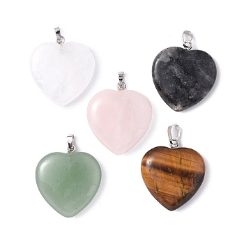 Naturla Mixed Gemstone Pendants, Heart Charms, with Platinum Tone Brass Findings , 28x25x5.5~7mm, Hole: 5x3.5mm