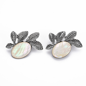 Natural White Shell Oval with Leaf Brooch, Alloy Badge with Loop for Jewelry Pendant, Cadmium Free & Lead Free, Antique Silver, Floral White, 34x44x10mm, Hole: 5x5.5mm, Pin: 0.7mm