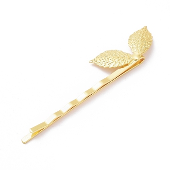 Iron Hair Bobby Pins, with Brass Findings, Leaf, Long-Lasting Plated, Golden, 64x4mm, Leaf: 27x12mm
