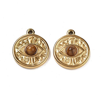 Ion Plating(IP) 304 Stainless Steel Pendants, Natural Tiger Eye Charms, Real 18K Gold Plated, Flat Round, 17.5x15x4mm, Hole: 1mm