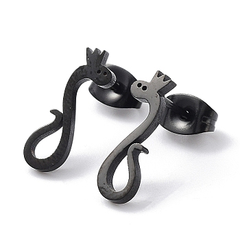 304 Stainless Steel Stud Earring, Snake, Electrophoresis Black, 14.5x4.5mm