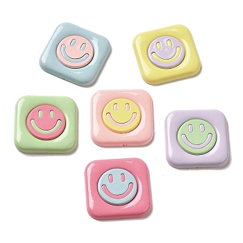 Opaque Resin Decoden Cabochons, Square with Smiling Face, Mixed Color, 26x26x3mm