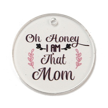 Mother's Day Opaque Acrylic Pendants, Flat Round with Word, Coconut Brown, 45x3mm, Hole: 3.5mm