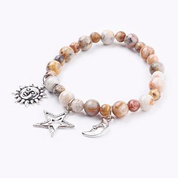Natural Crazy Agate Charm Bracelets, with Tibetan Style Pendants, Sun & Star & Moon, 2-1/4 inch(57mm)
