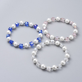 Glass Beads Stretch Bracelets, with Stainless Steel Beads, Round & Cube, Mixed Color, 2-1/8 inch(5.5cm)