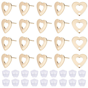 30Pcs 201 Stainless Steel Stud Earring Findings, with 316 Stainless Steel Pin and Hole, Heart, with 50Pcs Plastic Ear Nuts, Golden, 11x11mm, Hole: 1.6mm, Pin: 0.7mm