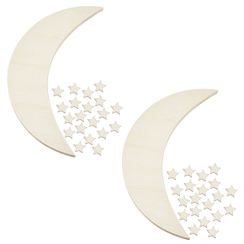DIY Wood Moon & Star Wall Decoration Painting Kit, incluidng Unfinished Wood Cutouts, Paints, Paint Brush, Mixed Color, Moon: 31x14.8x1.1cm, Star: 2.1x2.25x0.45cm