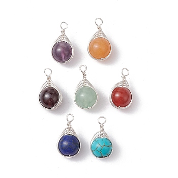 Natural & Synthetic Mixed Gemstone Copper Wire Wrapped Pendants, Round Charms, Silver, 15~16x9x8.5mm, Hole: 2mm