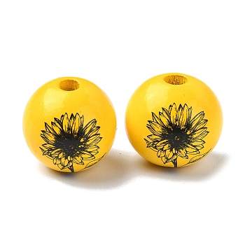 Wood Large Hole European Beads, Round with Flower, Gold, 20x18mm, Hole: 4.4mm