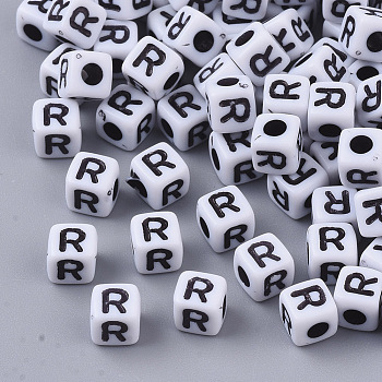 White Opaque Acrylic Beads, Horizontal Hole, Cube with Black Alphabet, Letter.R, 4~5x4~5x4~5mm, Hole: 1.8mm, about 6470~6500pcs/500g