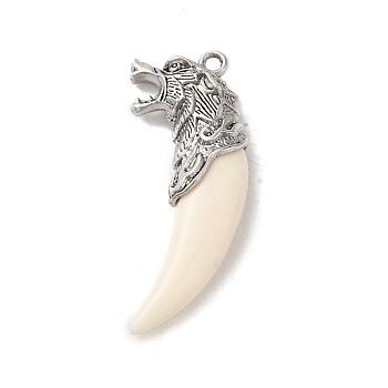 Tibetan Style Alloy Wolf Big Pendants, Resin Wolf Tooth Shape Charms, Antique Silver, 59.5x28x10.5mm, Hole: 2.5mm