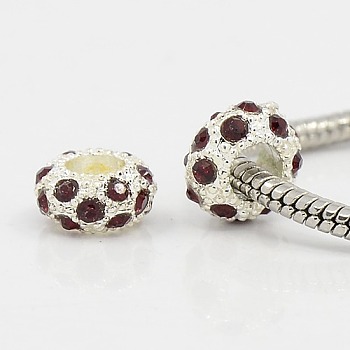 Alloy Rhinestone European Beads, Large Hole Beads, Rondelle, Silver Color Plated, Dark Red Coral, 11x6mm, Hole: 5mm