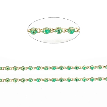 Brass Handmade Beaded Chain, Link Chains, with Enamel, Long-Lasting Plated, Real 18K Gold Plated Unwelded, with Spool, Green, 5x2x2mm, about 32.8 Feet(10m)/roll