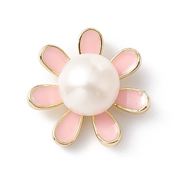 Natural Freshwater Pearl Pink Enamel Pendants, with Golden Tone Brass Findings, Flower Charm, Floral White, 16.5x16.5x8mm, Hole: 3x1.5mm