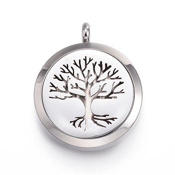 316 Surgical Stainless Steel Diffuser Locket Pendants, with Perfume Pad and Magnetic Clasps, Tree of Life, Stainless Steel Color, Black, 36.5~37x30x6~6.5mm, Hole: 5mm, inner diameter: 23mm