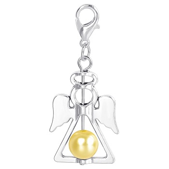 Alloy Angel Pendant Decorations, with CCB Imitation Pearl, Champagne Yellow, 4.4x1.9cm