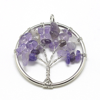 Natural Amethyst Beads Iron Wire Wrapped Pendants, Tree, Platinum, 34~35x30~31x4~7mm, Hole: 2.5mm