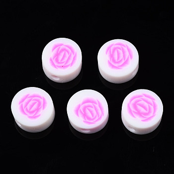 Handmade Polymer Clay Beads, for DIY Jewelry Crafts Supplies, Flat Round with Flower, Violet, 9~9.5x4~4.5mm, Hole: 1.8mm