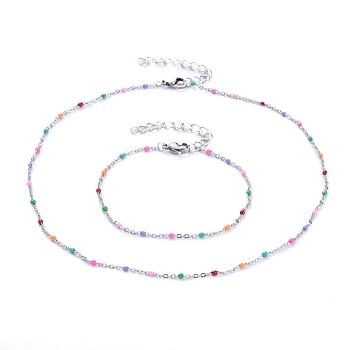 304 Stainless Steel Jewelry Sets, Enamel Link Chain Necklaces & Bracelets, with Lobster Claw Clasps and Iron Extender Chain, Colorful, Stainless Steel Color, Necklace: 15.55 inch(39.5cm), Bracelet: 7-1/2 inch(19cm)