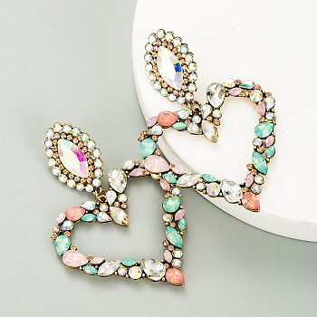 Rhinestone Heart Long Dangle Stud Earrings, Alloy Jewelry for Women, Peridot, 80x55mm
