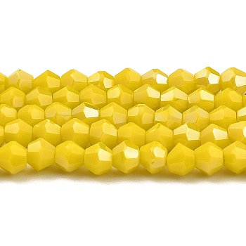 Opaque Solid Color Electroplate Glass Beads Strands, AB Color Plated, Faceted, Bicone, Yellow, 4x4mm, Hole: 0.8mm, about 82~85pcs/strand, 12.01~12.2 inch(30.5~31cm)