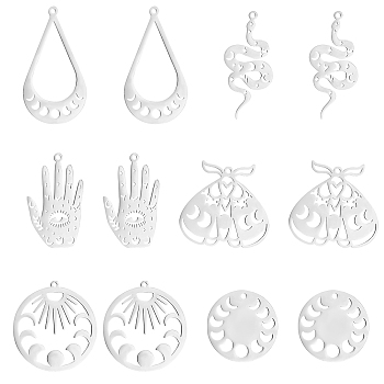 DICOSMETIC 12Pcs 6 Style 201 Stainless Steel Pendants, Laser Cut, Mixed Shape, Stainless Steel Color, 23~39x18~30x1mm, Hole: 1.4~1.6mm, 2pcs/style