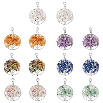 14Pcs 7 Styles Zinc Alloy European Dangle Charms, with Natural Mixed Stone Chip Beads, Flat Round with Tree of Life, Antique Silver, 54~54.5x38~39.5x4~6mm, Hole: 4~5mm, 2pcs/style