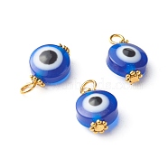 Iron Resin Beads Pendant, with Tibetan Style Alloy Daisy Spacer Beads, Flat Round with Evil Eye, Dark Blue, 17x10x6mm, Hole: 3~3.5mm(PALLOY-JF00814)