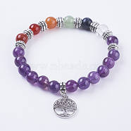 Natural Amethyst Stretch Bracelets, with Mixed Stone, Alloy Findings and Brass Pendants, Flat Round with Tree of Life, Antique Silver, t 2-1/8 inch(54mm)(BJEW-F308-03AS)