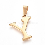 304 Stainless Steel Pendants, Golden, Initial Letter.Y, 20x17x1.8mm, Hole: 3x7mm(STAS-F106-95G-Y-01)