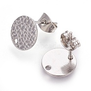 304 Stainless Steel Ear Stud Findings, with Ear Nuts/Earring Backs and Hole, Textured Flat Round with Spot Lines, Stainless Steel Color, 10mm, Hole: 1.2mm, Pin: 0.8mm(STAS-O119-15A-P)