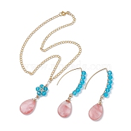 Glass & Synthetic Cherry Quartz Glass Teardrop Jewelry Set, Glass Beaded Dangle Earrings & Pendant Necklaces with Brass Chains, Golden, 418mm, 71x16.5mm(SJEW-JS01292)