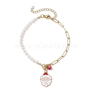 304 Stainless Steel Paperclip Chains Bracelets, Christmas Santa Claus Alloy Enamel Charms Bracelets with Glass, Golden, 9-5/8 inch(24.3cm)(BJEW-TA00464)
