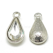 Alloy Glass Pendants, Faceted, teardrop, Platinum, Clear, 18x10x5mm, Hole: 2mm(PALLOY-T029-8x13mm-01)