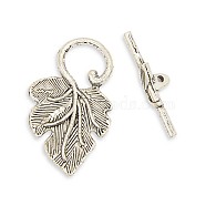 Tibetan Style Alloy Leaf Toggle Clasps, Antique Silver, Leaf: 36x22.5x2mm, Hole: 2mm, Bar: 30x7x2mm, Hole: 2mm(PALLOY-J154-52AS)