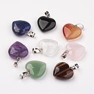 Mixed Stone Pendants, Heart, with Brass Findings, Platinum, 22~23x20~20.5x6~7.5mm, Hole: 5x8mm(G-G956-B-FF)