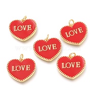 Brass Enamel Pendants, Long-Lasting Plated, Real 18K Gold Plated, with Jump Rings, for Valentine's Day, Heart with Word LOVE, Red, 17.5x20x2.5mm, Hole: 3mm(KK-B027-03G-B)