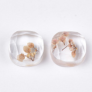 Resin Cabochons, with Dried Flower inside, Faceted, Square, Light Yellow, 16x16x7mm(CRES-T014-13G)