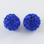 Pave Disco Ball Beads, Polymer Clay Rhinestone Beads, Round, Sapphire, 10mm, Hole: 1.5mm(X-RB-A130-10mm-10)