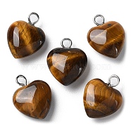 Natural Tiger Eye Pendants, Heart Charms with Platinum Plated Brass Loops, 14.8~15x12x4.1~4.6mm, Hole: 2mm(G-E603-01P-06)