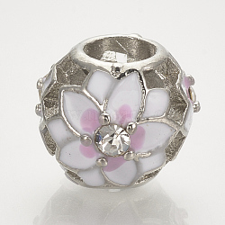 Alloy Enamel European Beads, with Rhinestones, Large Hole Beads, Hollow Barrel with Flower, Platinum, 12x10mm, Hole: 5mm(X-MPDL-Q208-042P)