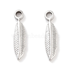 Non-Tarnish 304 Stainless Steel Pendants, Feather Charm, Stainless Steel Color, 15.5x4x2mm, Hole: 1.6mm(STAS-P364-18P)